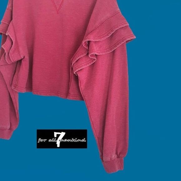 7 FOR ALL MANKIND NEW RED BERRY Ruffled Drop Shoulders Cropped Sweatshirt - Picture 7 of 11